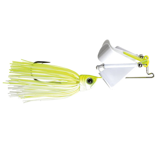1st Gen Introvert Plastic Double Clacker Buzzbait fishing lure featuring a chartreuse and white skirt, detailed fish head, and white plastic double clacker blades for water surface disturbance.