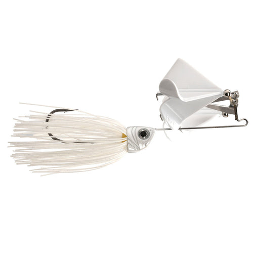 1st Gen Introvert Plastic Double Clacker Buzzbait with white skirt and plastic wings, designed for fishing lure applications and musky tackle enthusiasts.