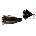 1st Gen Introvert Plastic Double Clacker Buzzbait fishing lure with black and brown skirt, designed for freshwater musky fishing and optimized for attracting predatory fish.