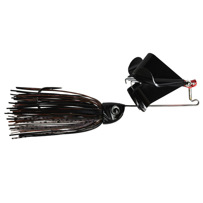 1st Gen Introvert Plastic Double Clacker Buzzbait fishing lure with black and brown skirt, designed for freshwater musky fishing and optimized for attracting predatory fish.