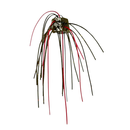 3 Brothers Baits Loaded Dice fishing lure featuring a metallic head with multiple long, thin, flexible black and red strands designed to attract musky and other fish.