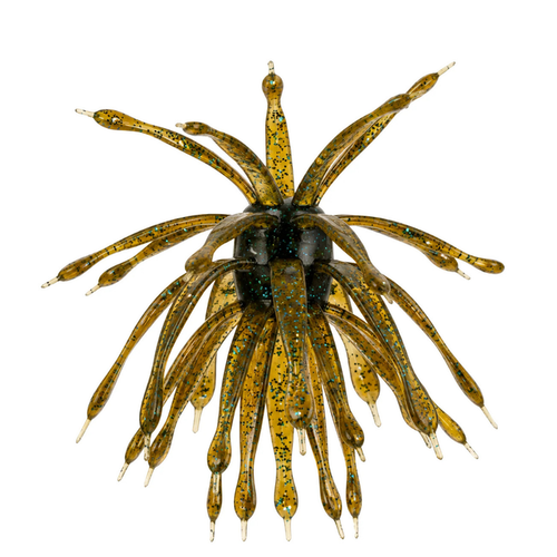 Top view of the 6th Sense Abstract fishing lure with multiple flexible appendages in olive green and black speckled pattern designed for fishing tackle use.