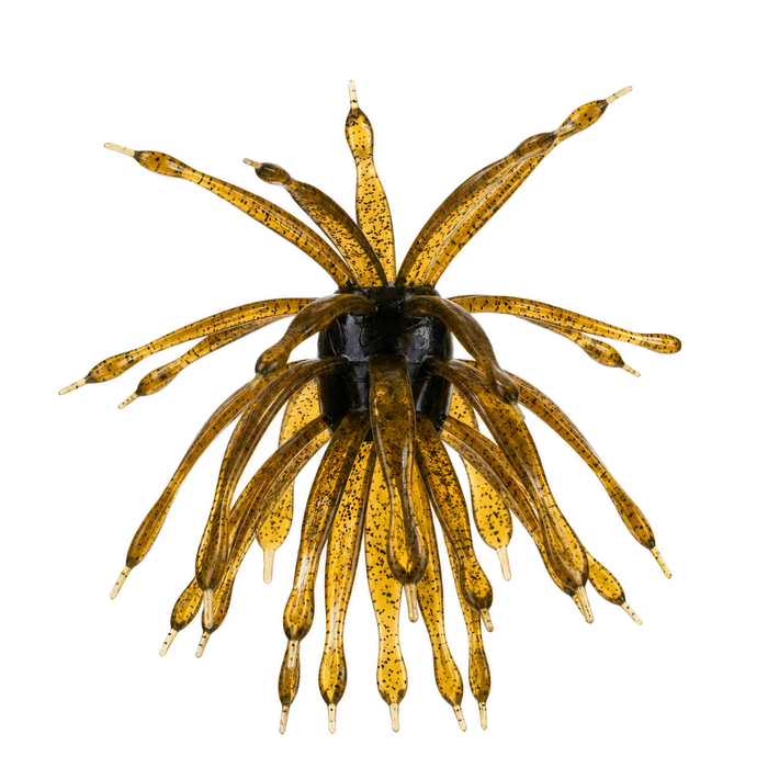 6th Sense Abstract fishing lure featuring multiple flexible appendages in translucent amber with black speckles designed to attract fish for effective fishing tackle.