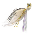 6th Sense Fishing Flock Hair Jig featuring a detailed fish head with lifelike eyes and layered, multicolored synthetic hair strands designed for effective fishing lure action.