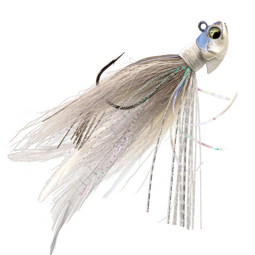 6th Sense Fishing Flock Hair Jig with silver and white synthetic fibers, iridescent strands, and a weighted metallic head designed for fishing tackle use.