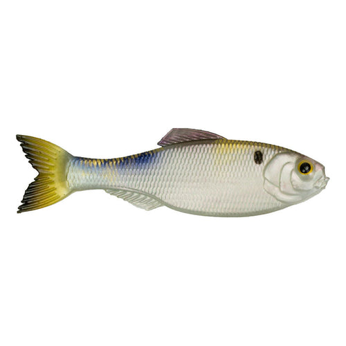Soft plastic fishing lure shaped and colored like a small shad fish with realistic details, designed for use with the 6th Sense Panorama fishing rod.