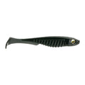 6th Sense Party Minnow 3.0 fishing lure in black, featuring a ribbed body and paddle tail design, ideal for attracting musky and other game fish in fishing tackle setups.