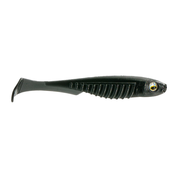 6th Sense Party Minnow 3.0 fishing lure in black, featuring a ribbed body and paddle tail design, ideal for attracting musky and other game fish in fishing tackle setups.
