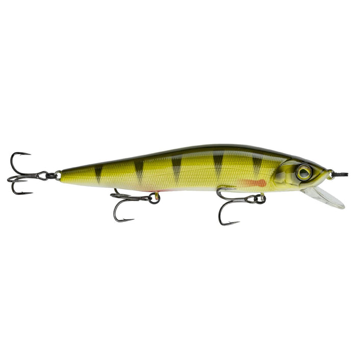 6th Sense Provoke 106X Jerkbait fishing lure in yellow and green with black stripes, featuring three sharp treble hooks and a clear diving lip for realistic movement in water.