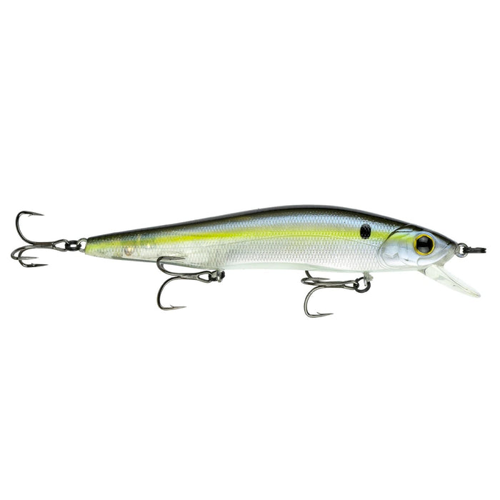 6th Sense Provoke 106X Jerkbait fishing lure with realistic shad pattern in silver, yellow, and black, featuring three sharp treble hooks and a clear diving lip.