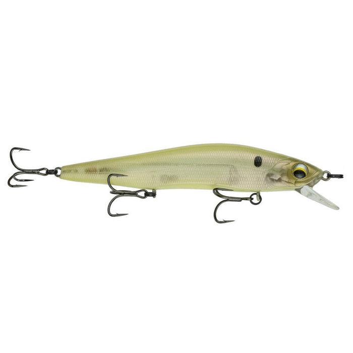 6th Sense Provoke 106X Jerkbait fishing lure in natural translucent green with lifelike eyes, three sharp treble hooks, and a small diving lip for realistic movement in water.