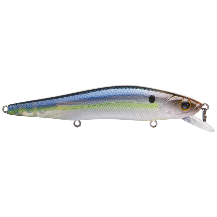 6th Sense Provoke 97X Jerkbait with a silver blue and green fish pattern treble hook hangers and a clear diving bill for freshwater fishing