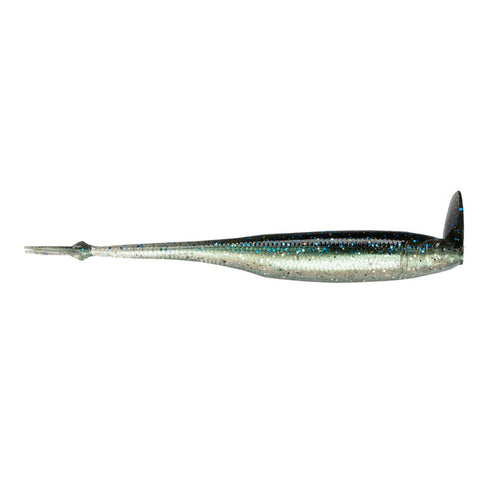 Soft plastic fishing lure shaped like a small minnow with a dark back, silver sides with blue flecks, and a paddle tail, designed as the 6th Sense Strobe Shaker 3.7 Minnow for fishing tackle.