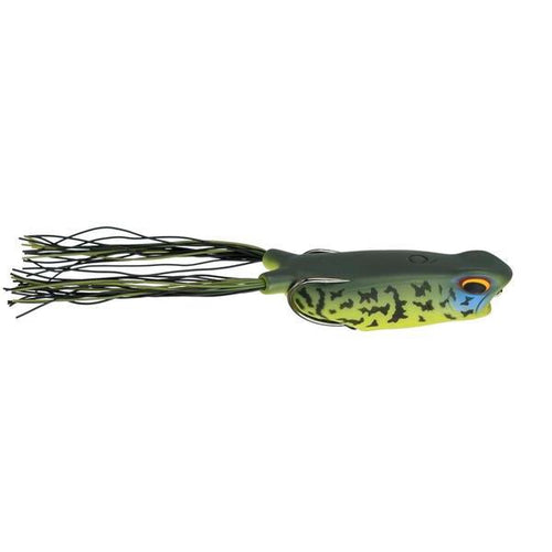 Green and yellow frog-shaped fishing lure with black spot patterns and a skirted tail, designed to mimic a frog, labeled 6th Sense Vega Frog for fishing tackle use.