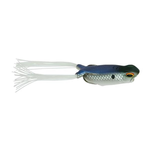 6th Sense Vega Frog fishing lure designed to mimic a frog with a blue and white patterned body, orange and black eyes, and white rubber skirt legs for freshwater fishing tackle.