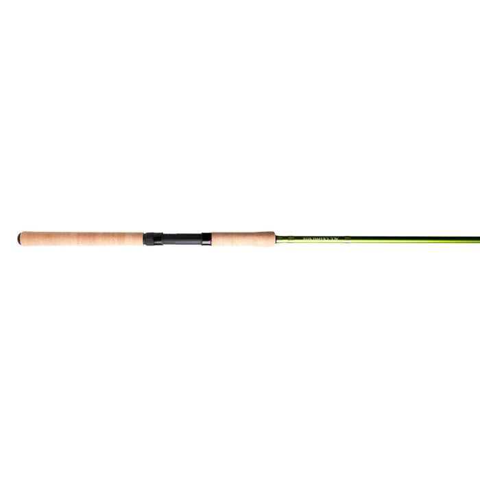 Close-up image of the handle and part of the shaft of ACC Crappie Stix Green Series Jigging Rods, featuring a light brown cork grip and a green fishing rod blank.