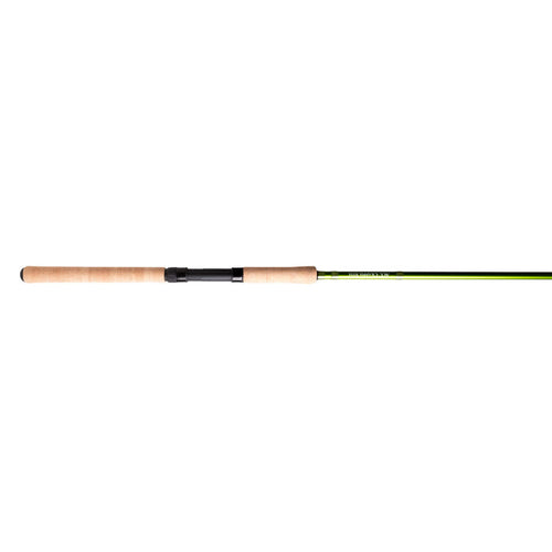 Close-up image of the handle and part of the shaft of ACC Crappie Stix Green Series Jigging Rods, featuring a light brown cork grip and a green fishing rod blank.