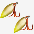 Two Acme Gold/Glow Willow Blade + Red Treble Kit fishing lure blades with gold and glow yellow coloration and bright red treble hooks, designed for fishing tackle.