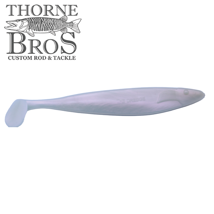 Action Plastics 12" Dredge Shad (3 Pack) fishing lure in pearl color with paddle tail design for realistic movement, displayed on white background with Thorne Bros logo.