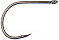 Close-up of a single metallic Ahrex X0784 BC Game Changer Hook with a sharp curved point and eyelet, designed for fishing tackle and use with fishing rods and reels.