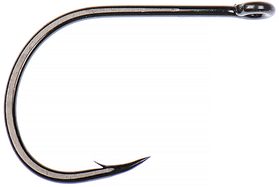 Close-up of a single metallic Ahrex X0784 BC Game Changer Hook with a sharp curved point and eyelet, designed for fishing tackle and use with fishing rods and reels.
