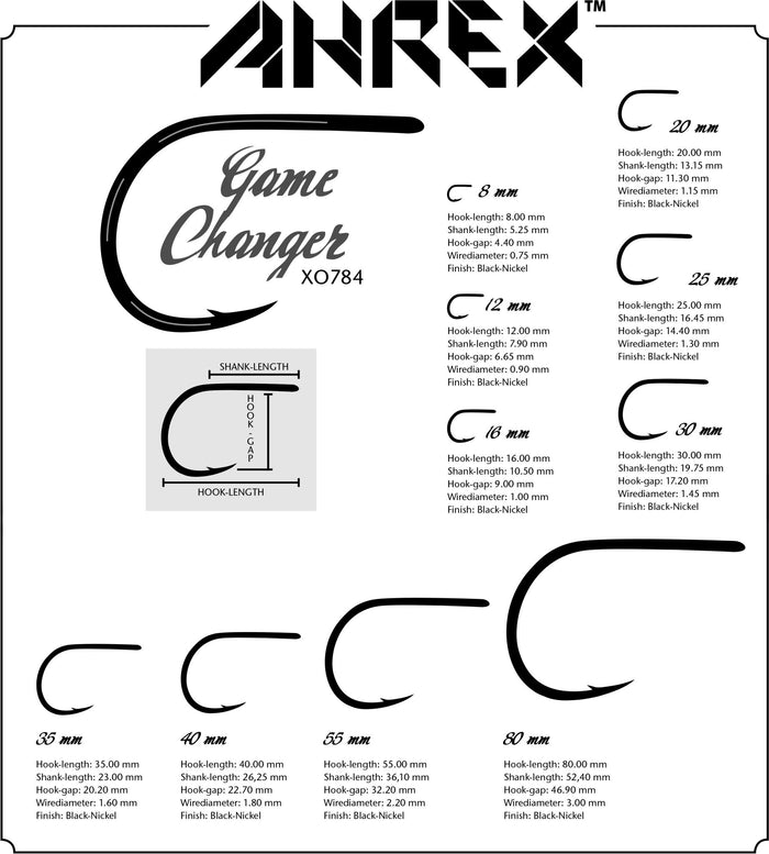 Detailed diagram of the Ahrex X0784 BC Game Changer Hook showing various hook sizes from 8 mm to 80 mm with measurements for hook length, shank length, hook gap, wire diameter, and black-nickel finish for fishing tackle selection.