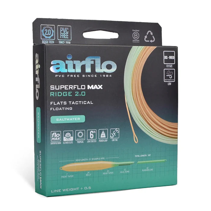 Airflo Superflo Max Ridge 2.0 Flats Tactical fly fishing line in a black and teal package, designed for saltwater fishing with floating line and detailed technical specifications.