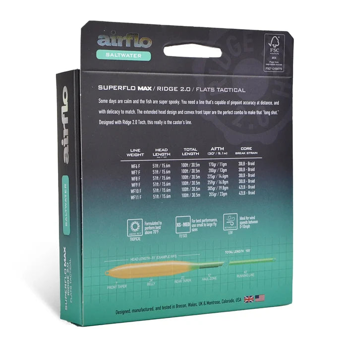 Airflo Superflo Max Ridge 2.0 Flats Tactical fishing line packaging showing product specifications and features for saltwater fishing rods and tackle.