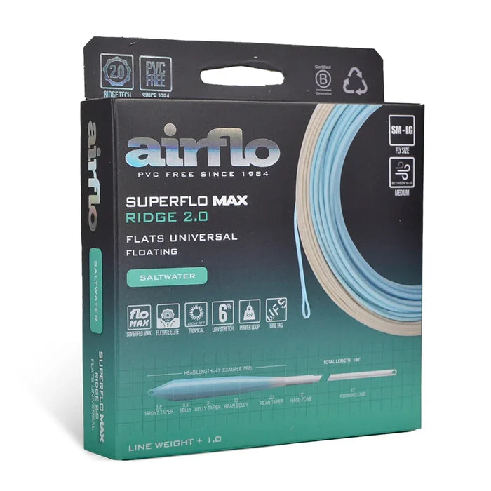 Airflo Superflo Max Ridge 2.0 Flats Universal saltwater floating fishing line in packaged retail box designed for flats fishing and marine environments.