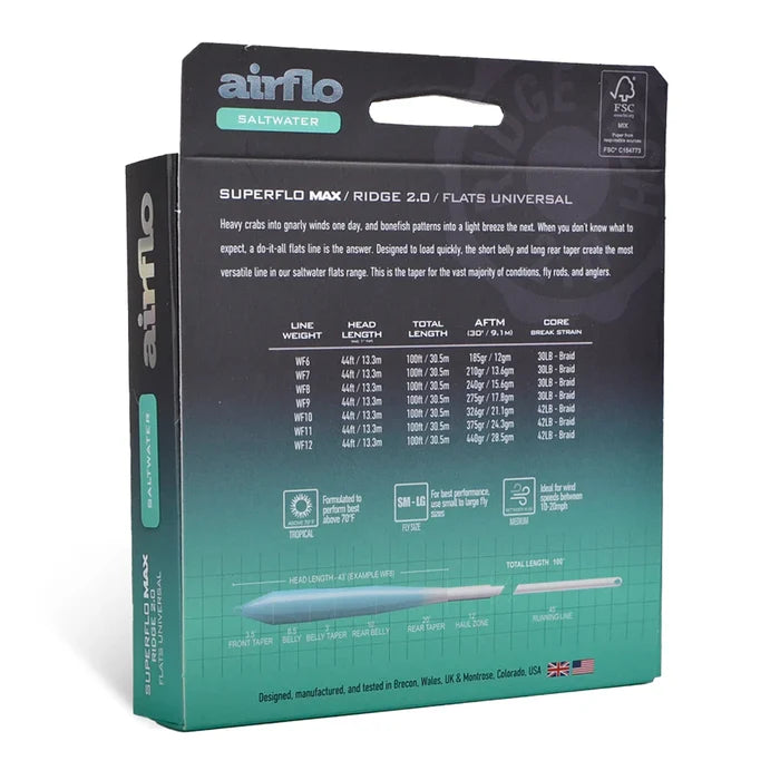 Packaging of Airflo Superflo Max Ridge 2.0 Flats Universal fishing line displaying technical specifications, product features, and branding for saltwater fishing use.