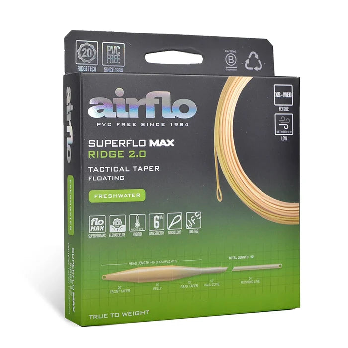 Packaging of Airflo Superflo Max Ridge 2.0 Tactical Taper fishing line showing product features such as PVC-free material, floating design, and freshwater use, ideal for fishing tackle enthusiasts.