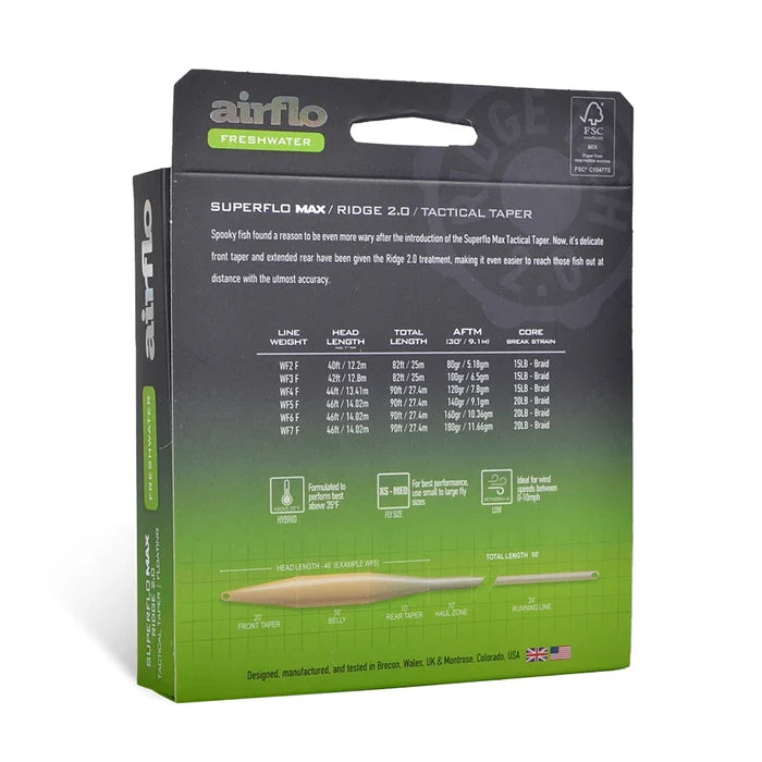 Airflo Superflo Max Ridge 2.0 Tactical Taper fishing line packaging showing specifications and details, suitable for freshwater fishing and optimized for accuracy.