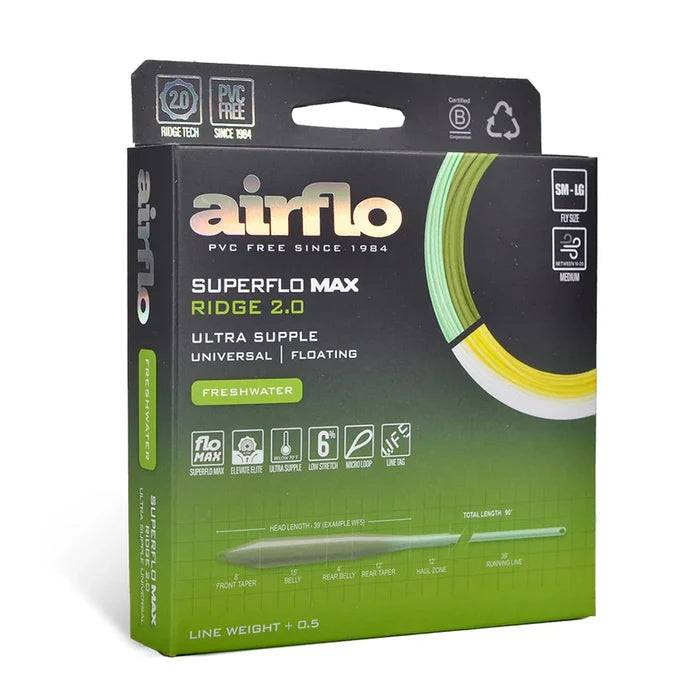 Packaging of Airflo Superflo Max Ridge 2.0 Ultra Supple Universal Taper fishing line, featuring PVC-free material, floating design for freshwater use, and 6-pound line weight.