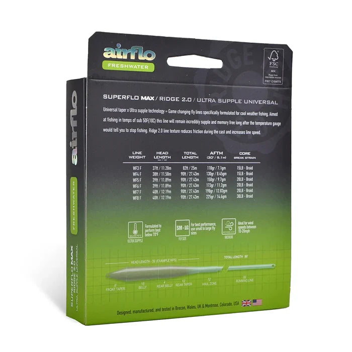 Packaging box of Airflo Superflo Max Ridge 2.0 Ultra Supple Universal Taper fishing line, showing detailed specifications and features for freshwater fishing tackle.