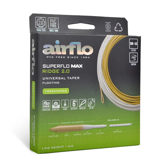 Packaging of Airflo Superflo Max Ridge 2.0 Universal Taper freshwater floating fishing line showing spool, product features, and specifications for fishing tackle enthusiasts.