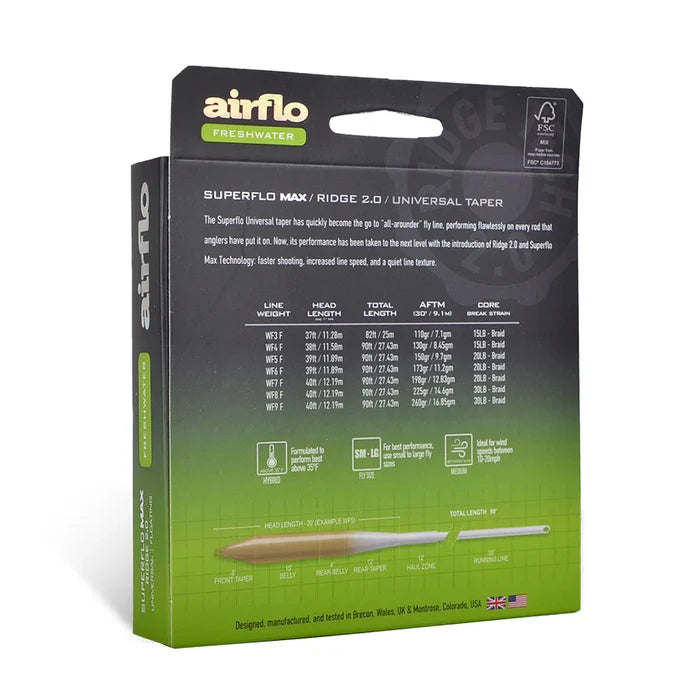 Packaging of Airflo Superflo Max Ridge 2.0 Universal Taper fishing line for freshwater, showing detailed specifications and product features for fishing tackle enthusiasts.