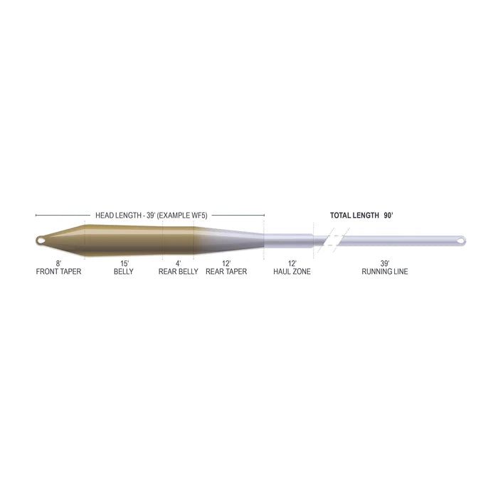 Diagram showing the detailed taper design and length measurements of the Airflo Superflo Max Ridge 2.0 Universal Taper fishing line, including front taper, belly, rear belly, rear taper, haul zone, and running line segments.
