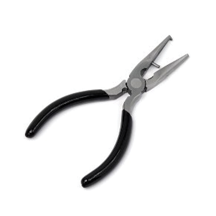 Angler's Choice Lead Post/Split Ring Pliers with metal jaws and black rubber-coated handles designed for precision fishing tackle use and durability.