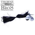 Angling Revolution "The One" 8/8 fishing lure with black skirt and silver spinner blades designed for musky fishing, featured with Thorne Bros Custom Rod & Tackle logo.