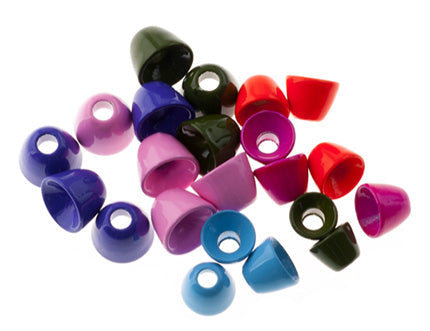 A collection of colorful Aqua Flies Cones in various hues including blue, purple, green, red, and pink, used as fishing tackle components for musky and fly fishing gear.