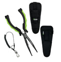 Fishing pliers with green handles and black sheathes on a white background