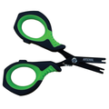 Arsenal Interceptor Titanium Scissors with black and green ergonomic handles designed for precision cutting, ideal for fishing tackle and detailed fishing tasks.