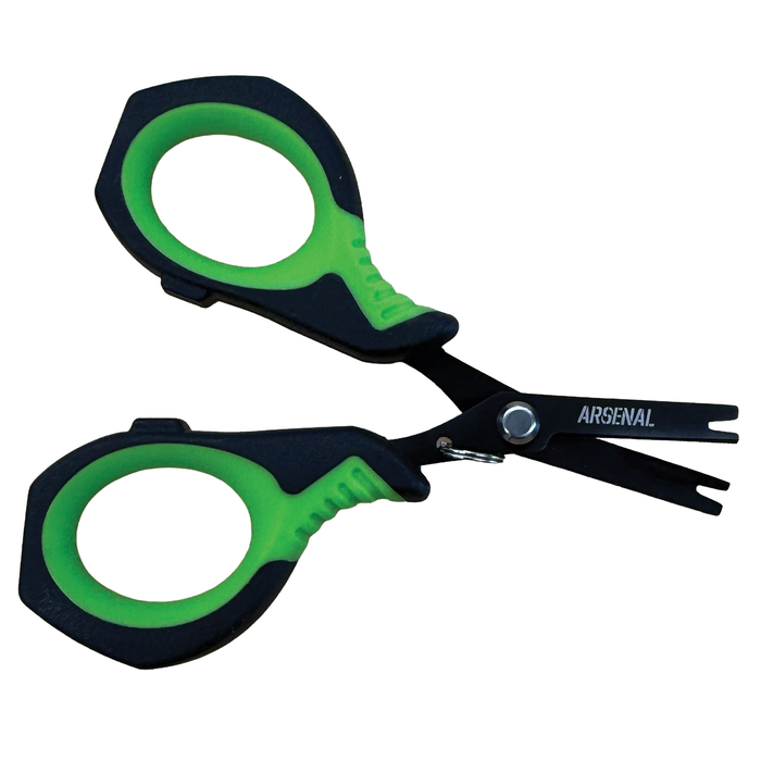 Arsenal Interceptor Titanium Scissors with black and green ergonomic handles designed for precision cutting, ideal for fishing tackle and detailed fishing tasks.