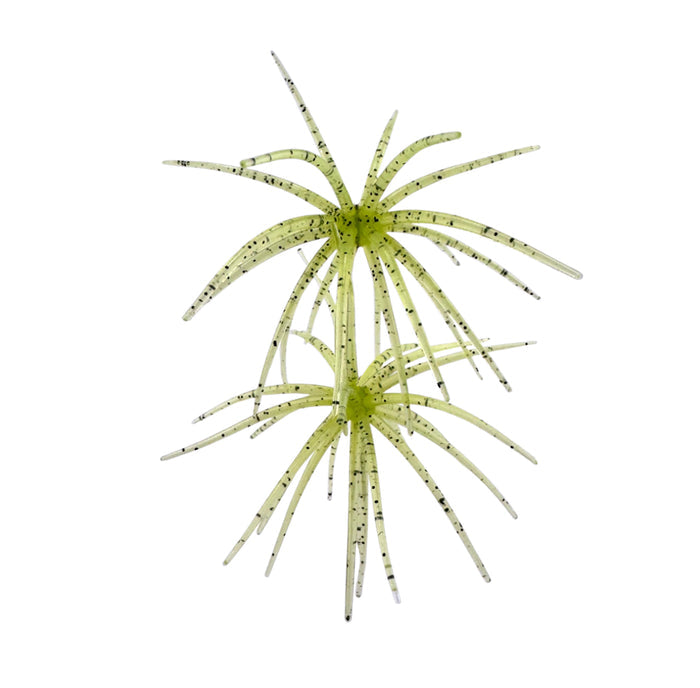 Arsenal Morning Star Urchin Elastomer Bait in translucent green with black flecks, featuring multiple soft, flexible appendages designed to mimic aquatic prey for fishing tackle.