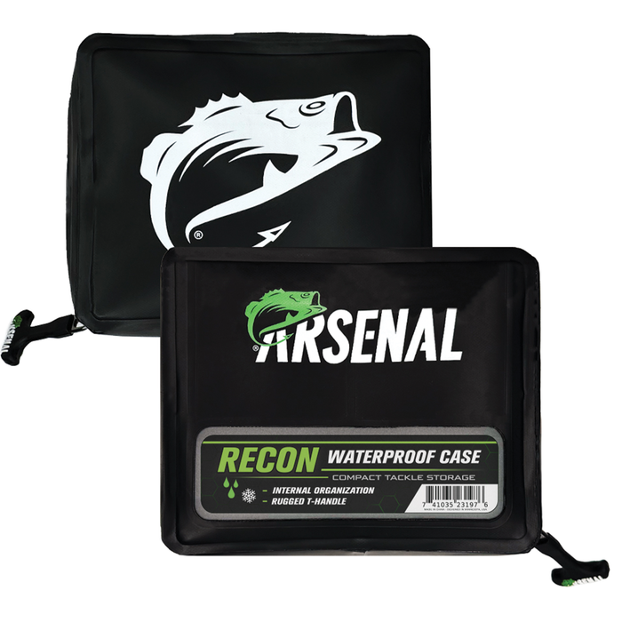 Fishing tackle storage case with 'Arsenal' branding on a white background