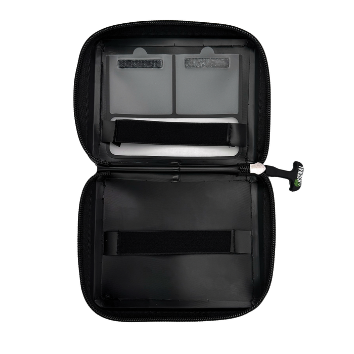 Black travel case with open lid on a white background