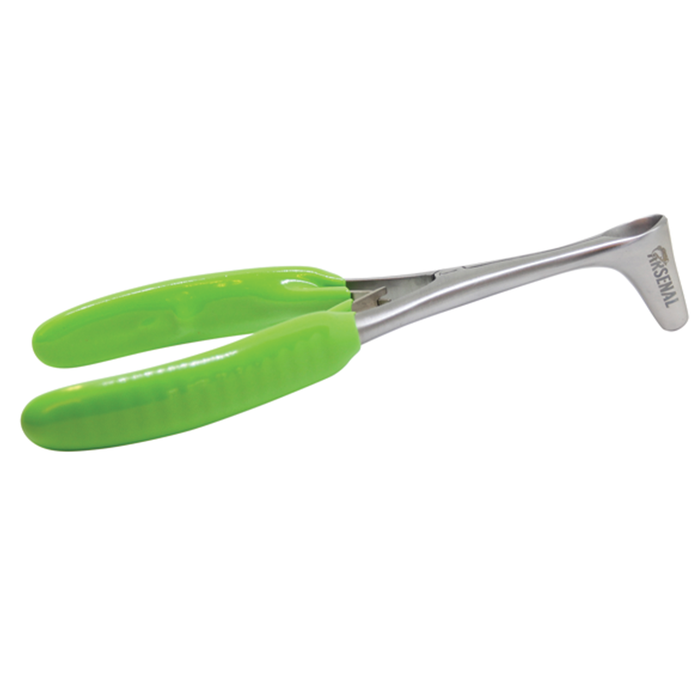 Metal pliers with green handles on a white background