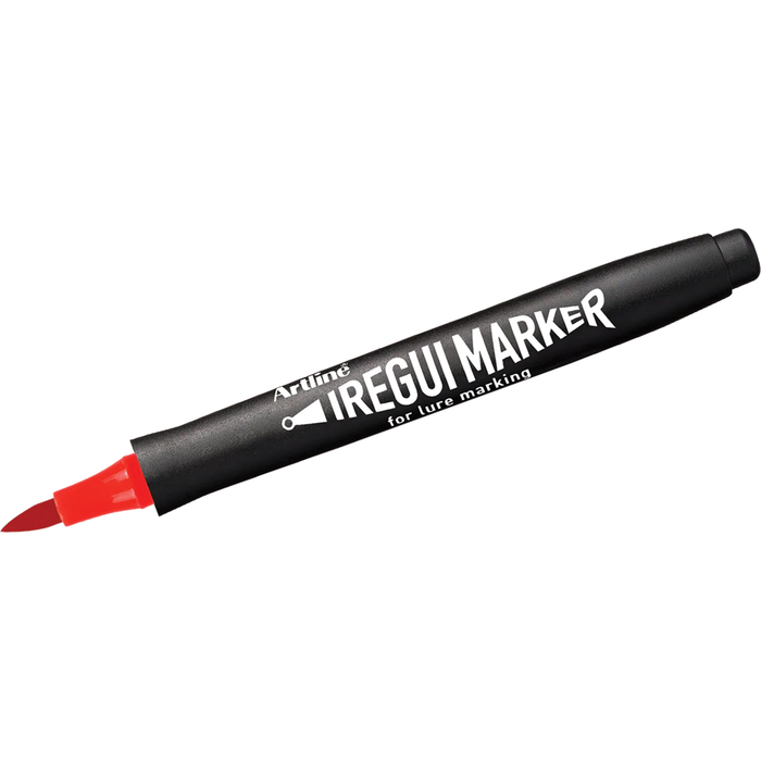 Artline IREGUI Markers pen with a black barrel and red chisel tip, designed for marking fishing lures and tackle with clear, vibrant ink.