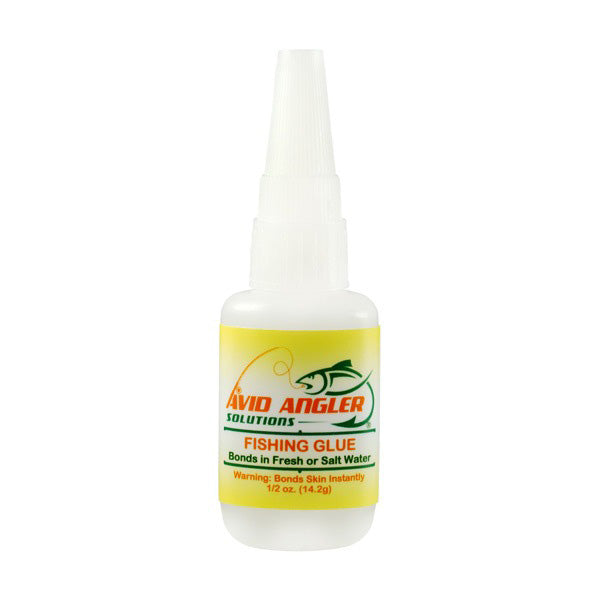 Small white bottle with a pointed nozzle labeled Avid Angler Solutions Fishing Glue, designed for bonding fishing tackle in fresh or salt water environments.