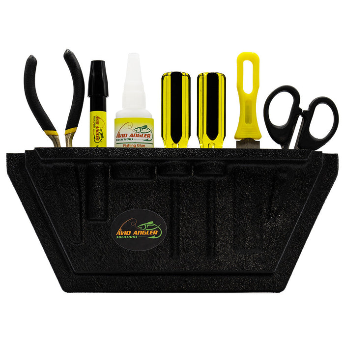 Black fishing tackle organizer holding a pair of pliers, scissors, two yellow and black screwdrivers, a tube of fishing glue, a yellow tool, and a marker, labeled Avid Angler Solutions Fishing Tool Kit.